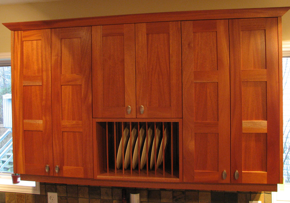 Cherry face-frame wall cabinet with plate rack and display storage